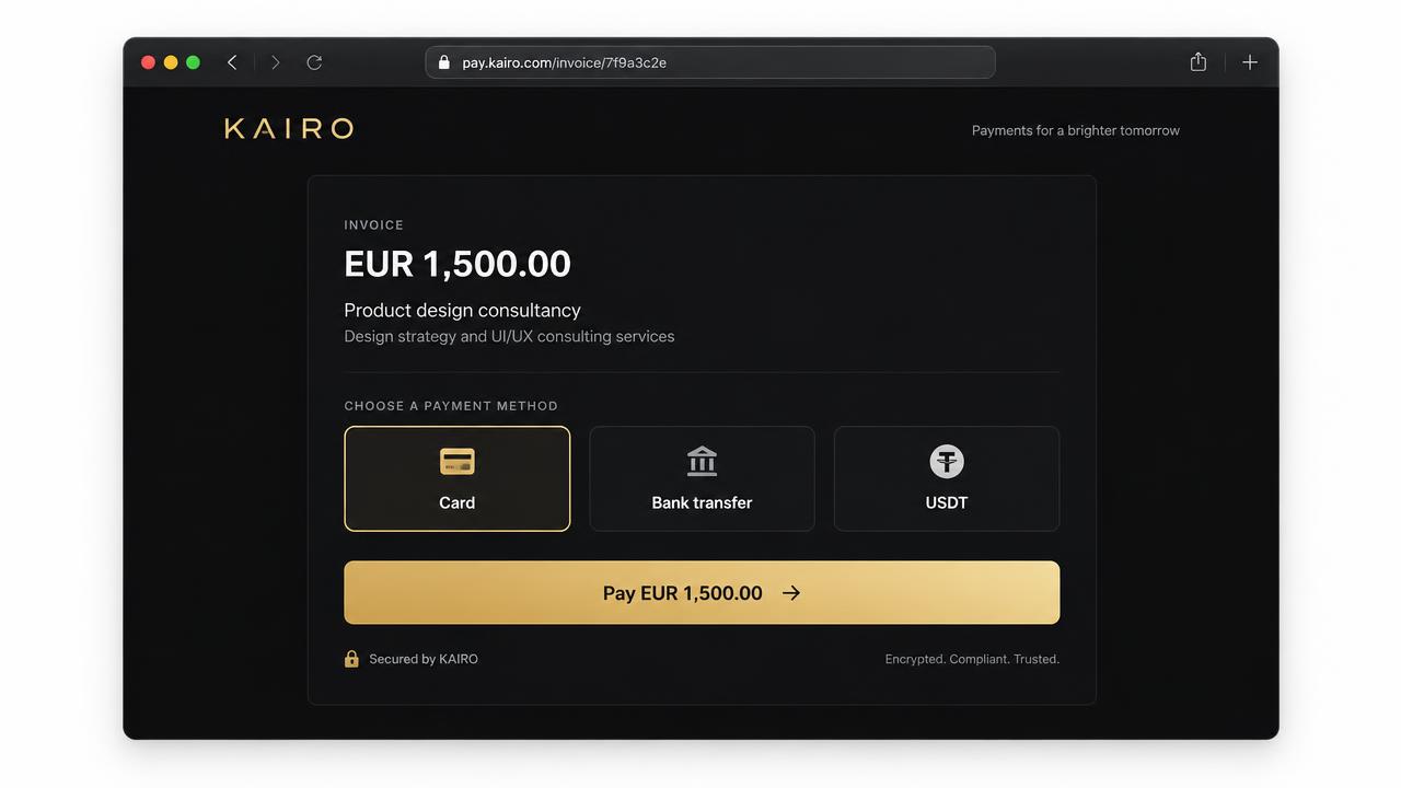 A KAIRO payment link page showing an amount, currency and payment options