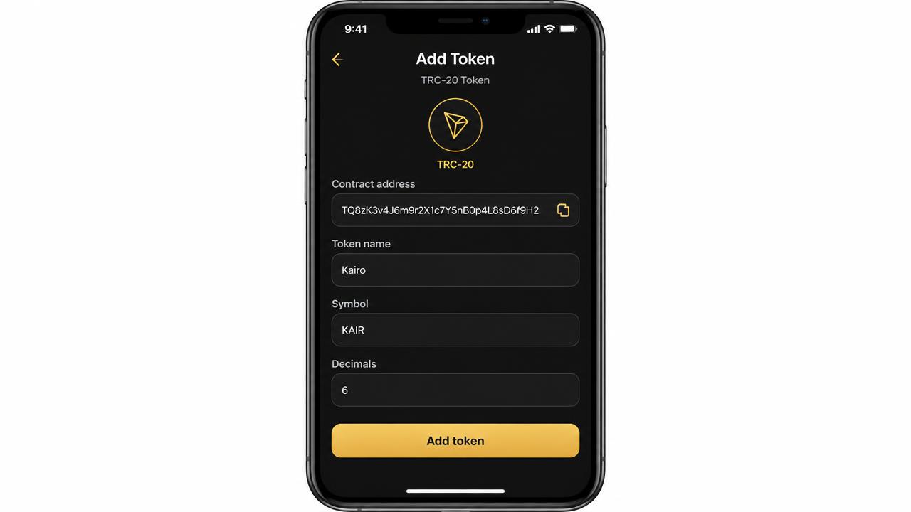 A TRON wallet screen showing a TRC-20 token added by contract address